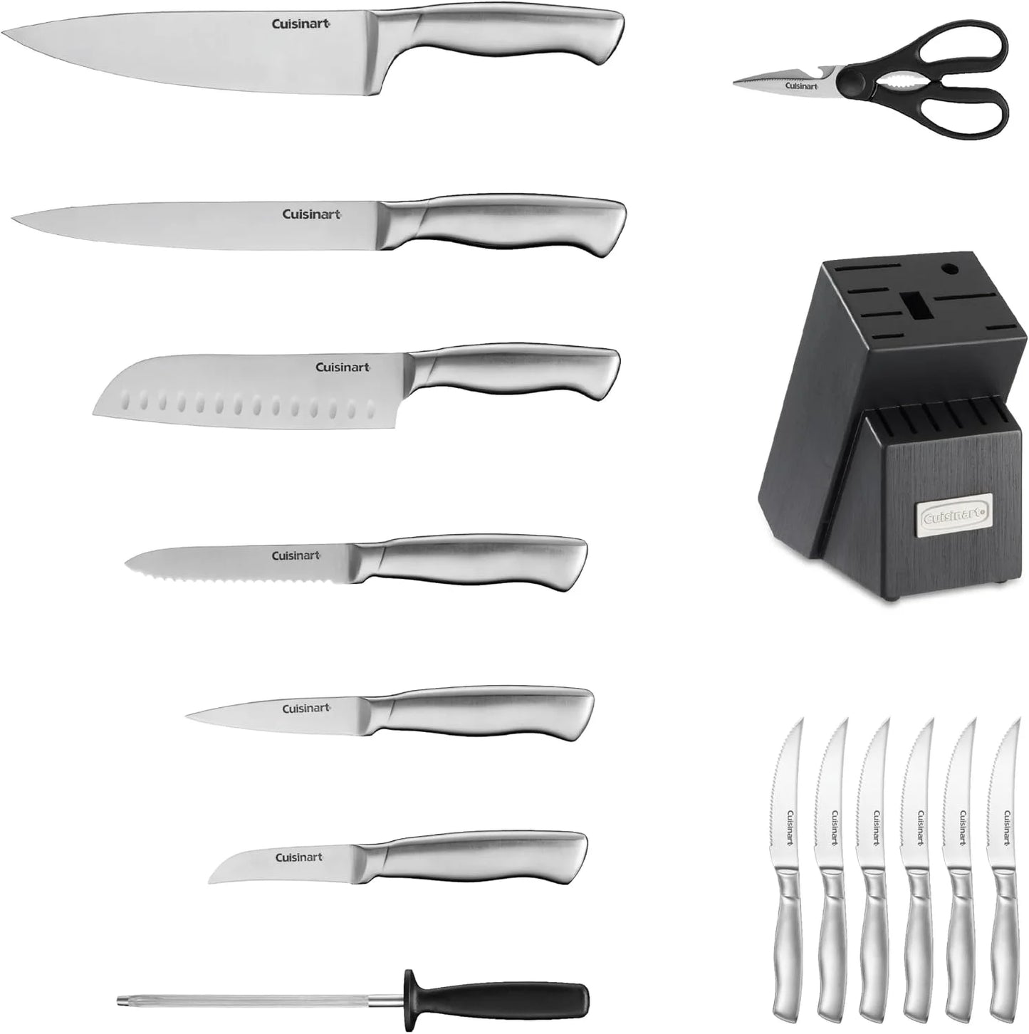 Cuisinart Professional Block Knife Set, 15pc Cutlery Knife Set with Steel Blades for Precise Cutting, Lightweight, Stainless Steel, Durable & Dishwasher Safe, Woodgrain Grey Finish
