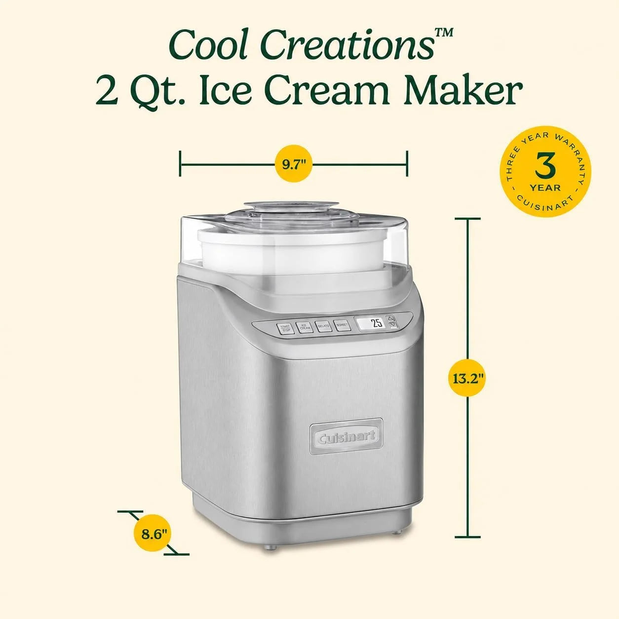 Cuisinart Ice Cream Maker Machine, 2-Quart Stainless Steel Frozen Yogurt, Gelato, Sorbet, Ready in 20 Minutes, LCD Screen and Timer, ICE-70WB