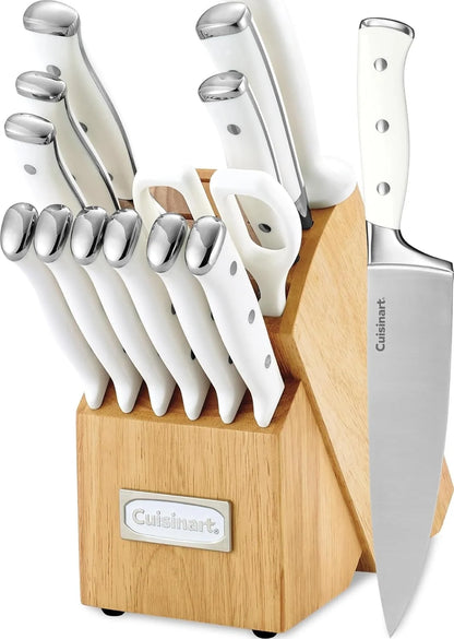 Cuisinart 15-Piece Knife Set with Block, High Carbon Stainless Steel, Forged Triple Rivet, White, C77WTR-15P