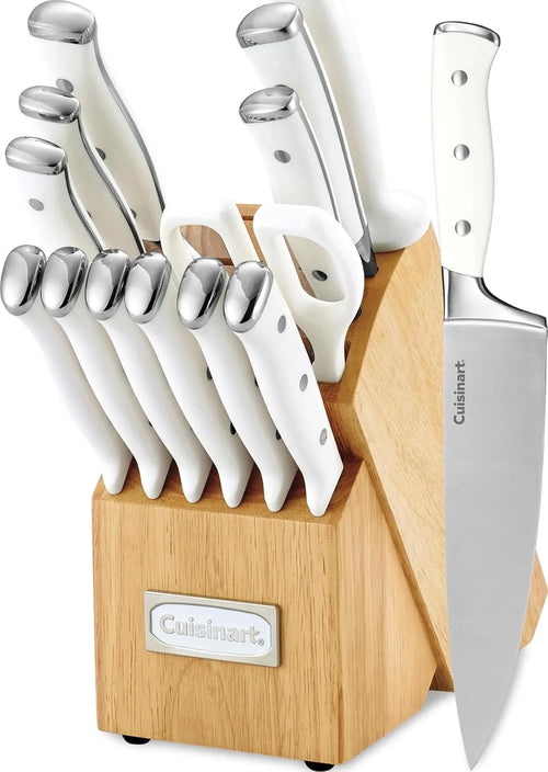 Cuisinart 15-Piece Knife Set with Block, High Carbon Stainless Steel, Forged Triple Rivet, White, C77WTR-15P