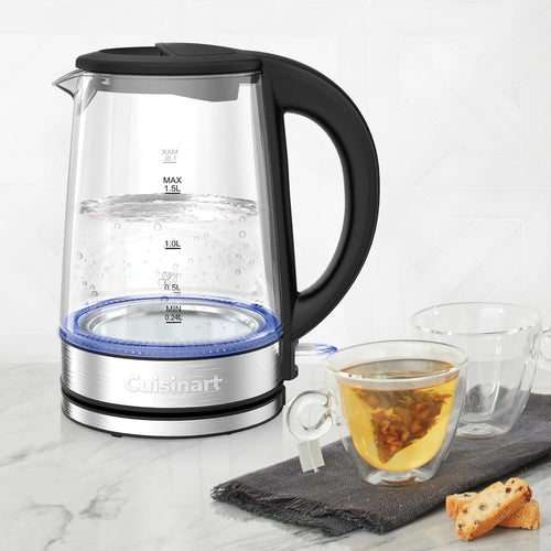 Cuisinart 1.5L Glass Kettle, Illumination, BPA-Free, Easy-Pour Nondrip Spout, Hinged Lid Opening, 1-Cup Marking, and 360-Degree Rotational Base, Auto Shut-Off