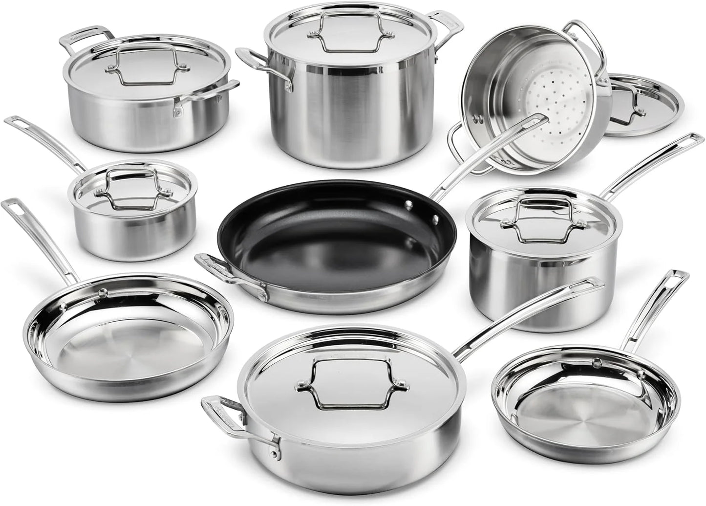 Cuisinart 15-Piece Cookware Set, MultiClad Pro Triple-Ply Stainless Steel Cookware Set, Heat Surround Technology, Cool Grip Stick Handles, Oven Safe up to 500F, MCPS-15N, Silver
