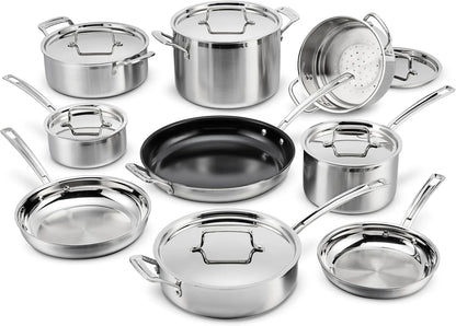Cuisinart 15-Piece Cookware Set, MultiClad Pro Triple-Ply Stainless Steel Cookware Set, Heat Surround Technology, Cool Grip Stick Handles, Oven Safe up to 500F, MCPS-15N, Silver