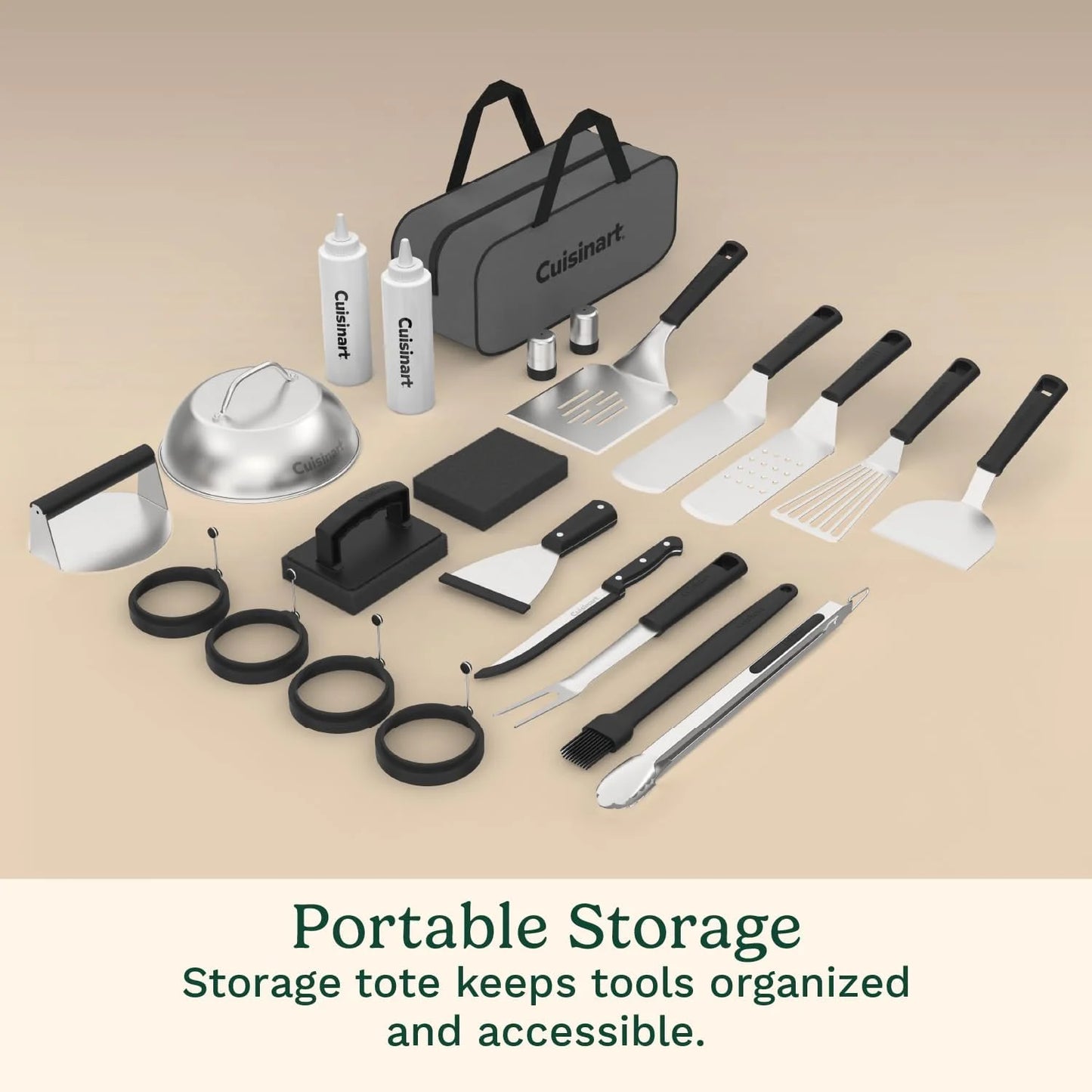 Cuisinart 24-Piece Griddle Tool Set with Storage Tote, Stainless Steel Flat Top Grill Accessories with Spatulas, Melting Dome, Smash Burger Press, Scraper & Tongs, Perfect for BBQ, Tailgates, Camping