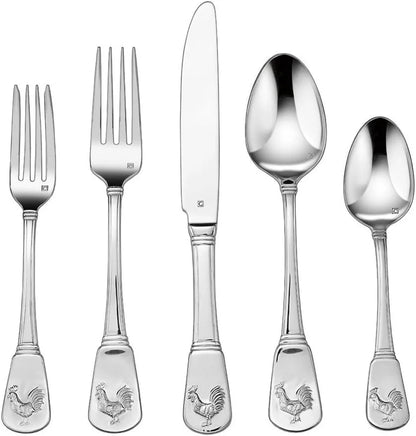 Cuisinart CFE-01-FR20 60-Piece Stainless Steel Flatware Set – French Rooster Pattern, Heavy-Gauge Handcrafted Silverware, Dishwasher Safe