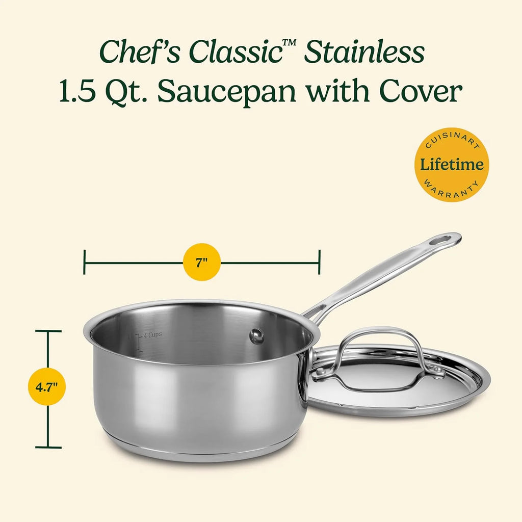 Cuisinart 1.5 Quart Sauce Pan with Cover, Stainless Steel Pot with Lid, Small Kitchen Pots, Dishwasher Safe, Compatible with Induction, Electric, Gas Cooktops, Oven Safe Saucepan, Cool Grip Handles