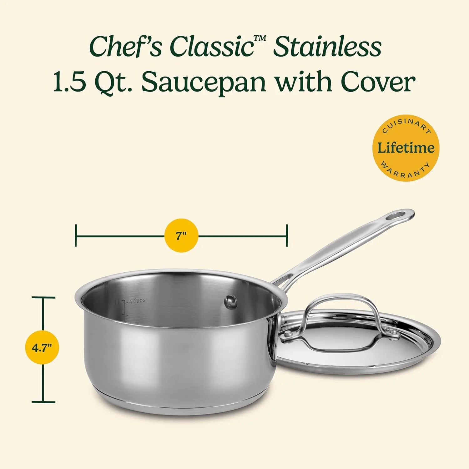 Cuisinart 1.5 Quart Sauce Pan with Cover, Stainless Steel Pot with Lid, Small Kitchen Pots, Dishwasher Safe, Compatible with Induction, Electric, Gas Cooktops, Oven Safe Saucepan, Cool Grip Handles