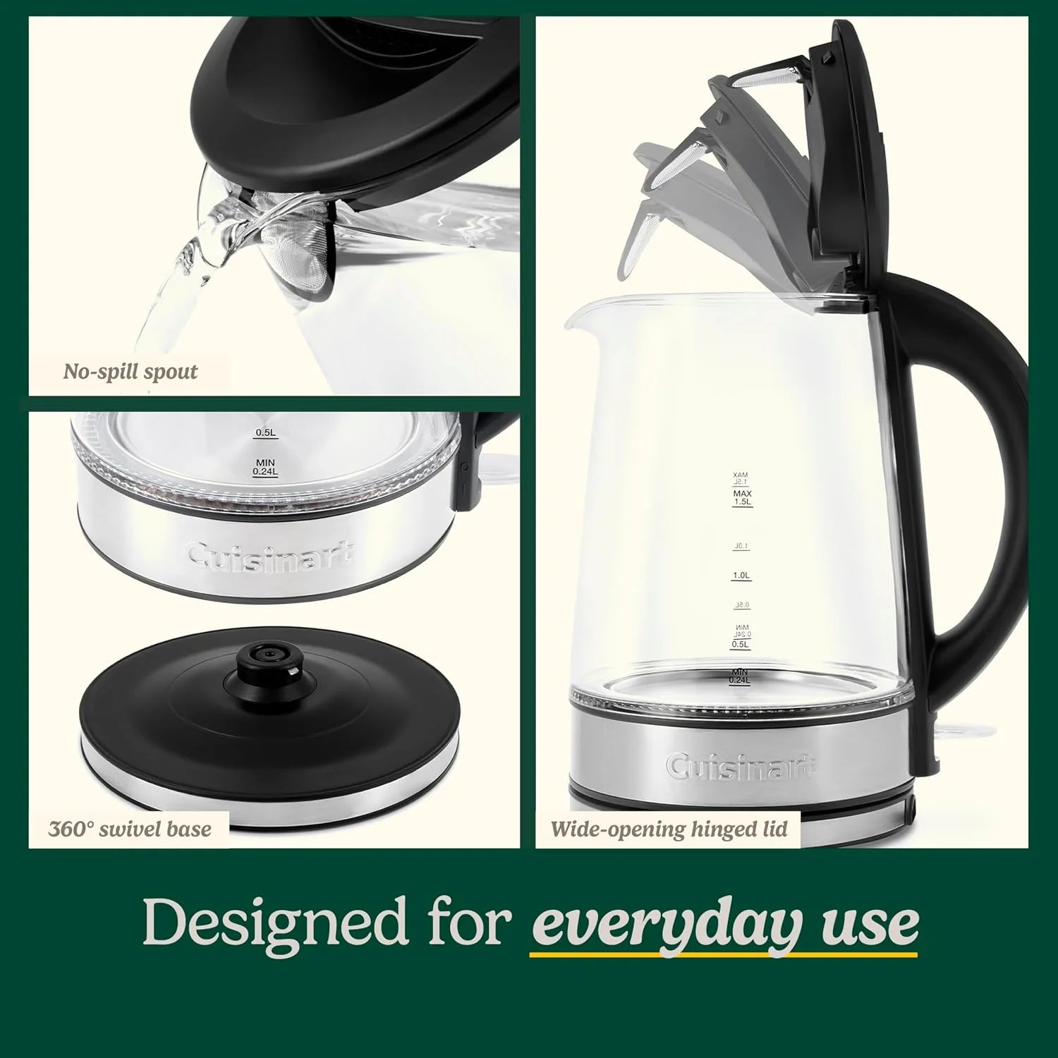 Cuisinart 1.5L Glass Kettle, Illumination, BPA-Free, Easy-Pour Nondrip Spout, Hinged Lid Opening, 1-Cup Marking, and 360-Degree Rotational Base, Auto Shut-Off