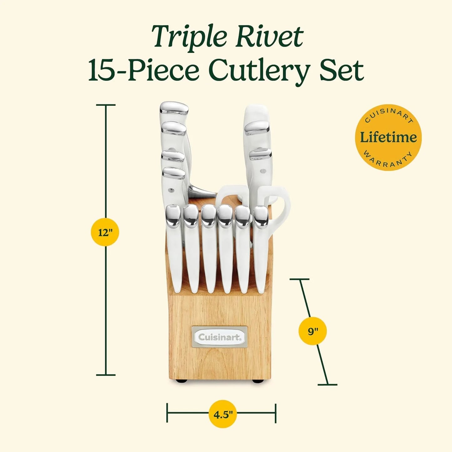 Cuisinart 15-Piece Knife Set with Block, High Carbon Stainless Steel, Forged Triple Rivet, White, C77WTR-15P (Pack of 2)