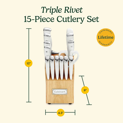 Cuisinart 15-Piece Knife Set with Block, High Carbon Stainless Steel, Forged Triple Rivet, White, C77WTR-15P (Pack of 2)