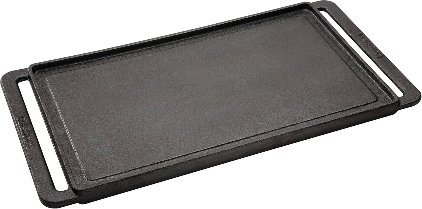 Cuisinart Reversible Cast Iron Grill/Griddle Plate, 15.75” x 9” Pre-Seasoned Cooking Surface with Flat and Ribbed Sides, Stovetop Griddle for Electric Ranges, Use on Stove, Campfire, or Gas Grill