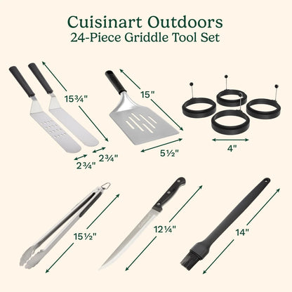 Cuisinart 24-Piece Griddle Tool Set with Storage Tote, Stainless Steel Flat Top Grill Accessories with Spatulas, Melting Dome, Smash Burger Press, Scraper & Tongs, Perfect for BBQ, Tailgates, Camping