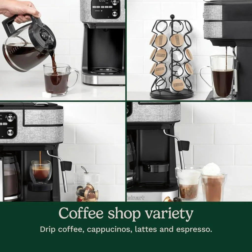 Cuisinart Coffeemaker, Coffee Center Barista Bar 4-In-1 Coffee Machine, Single-Serve Coffee, Espresso & Nespresso Capsule Compatible, 12-Cup Carafe, Silver Crystal, SS-4N1SC