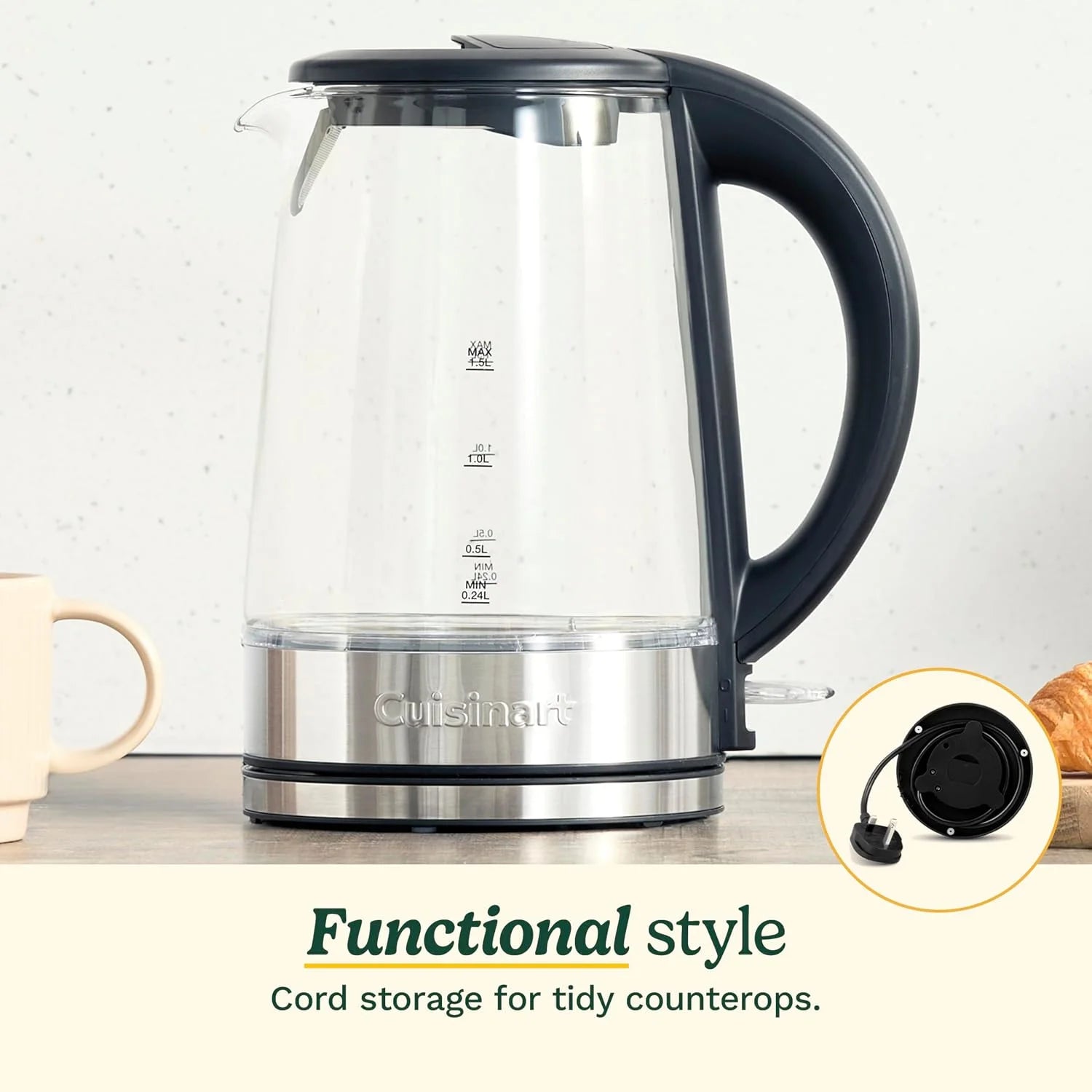 Cuisinart 1.5L Glass Kettle, Illumination, BPA-Free, Easy-Pour Nondrip Spout, Hinged Lid Opening, 1-Cup Marking, and 360-Degree Rotational Base, Auto Shut-Off