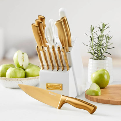 Cuisinart Professional Block Knife Set, 15pc Cutlery Knife Set with Steel Blades for Precise Cutting, Lightweight, Stainless Steel, Durable & Dishwasher Safe (White/Gold)