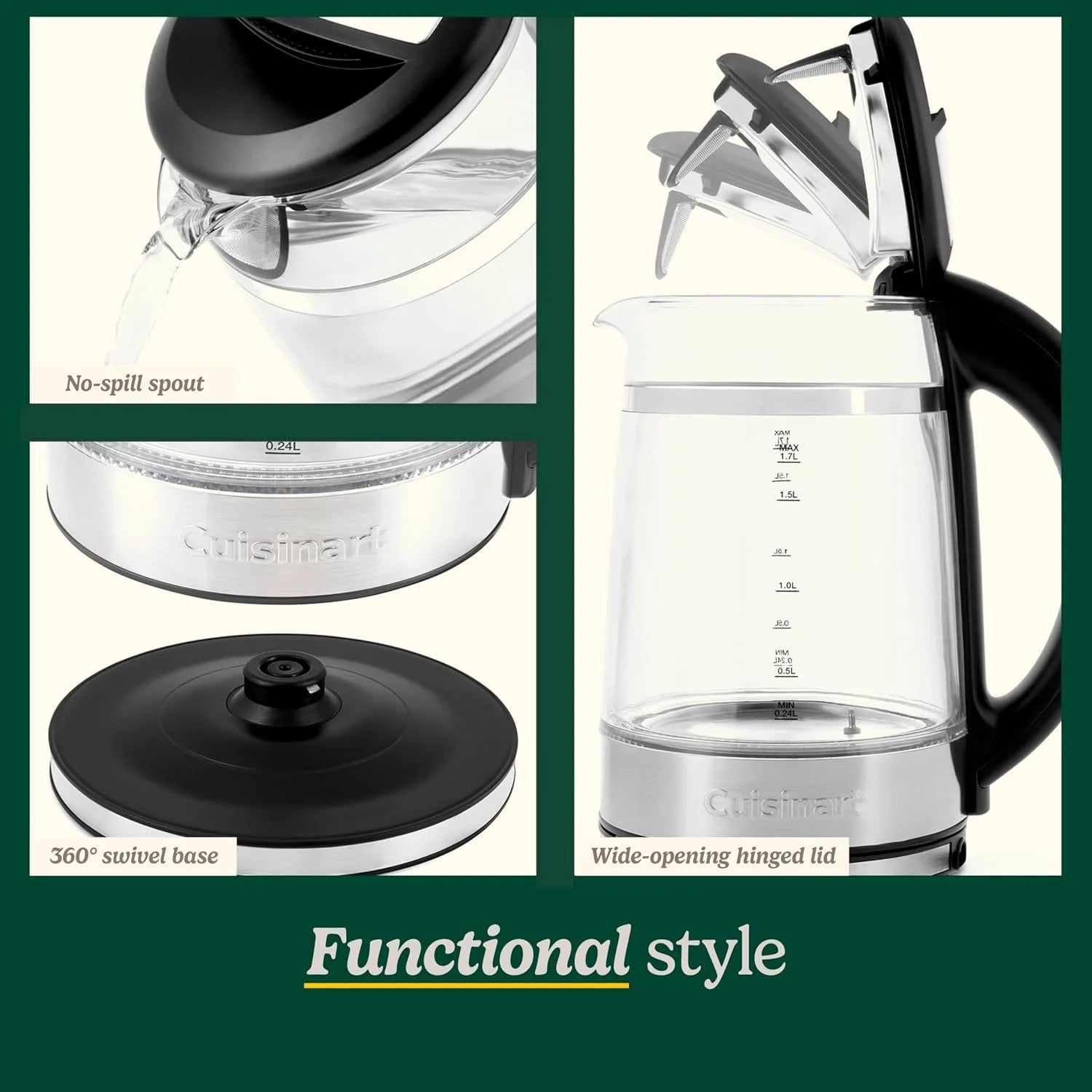 Cuisinart 1.7L Glass Variable Temperature Control Electric Kettle 110°F–212°F with Touchscreen Controls, Illumination, Dual‑Layer Cool‑Touch Design & Nondrip Spout