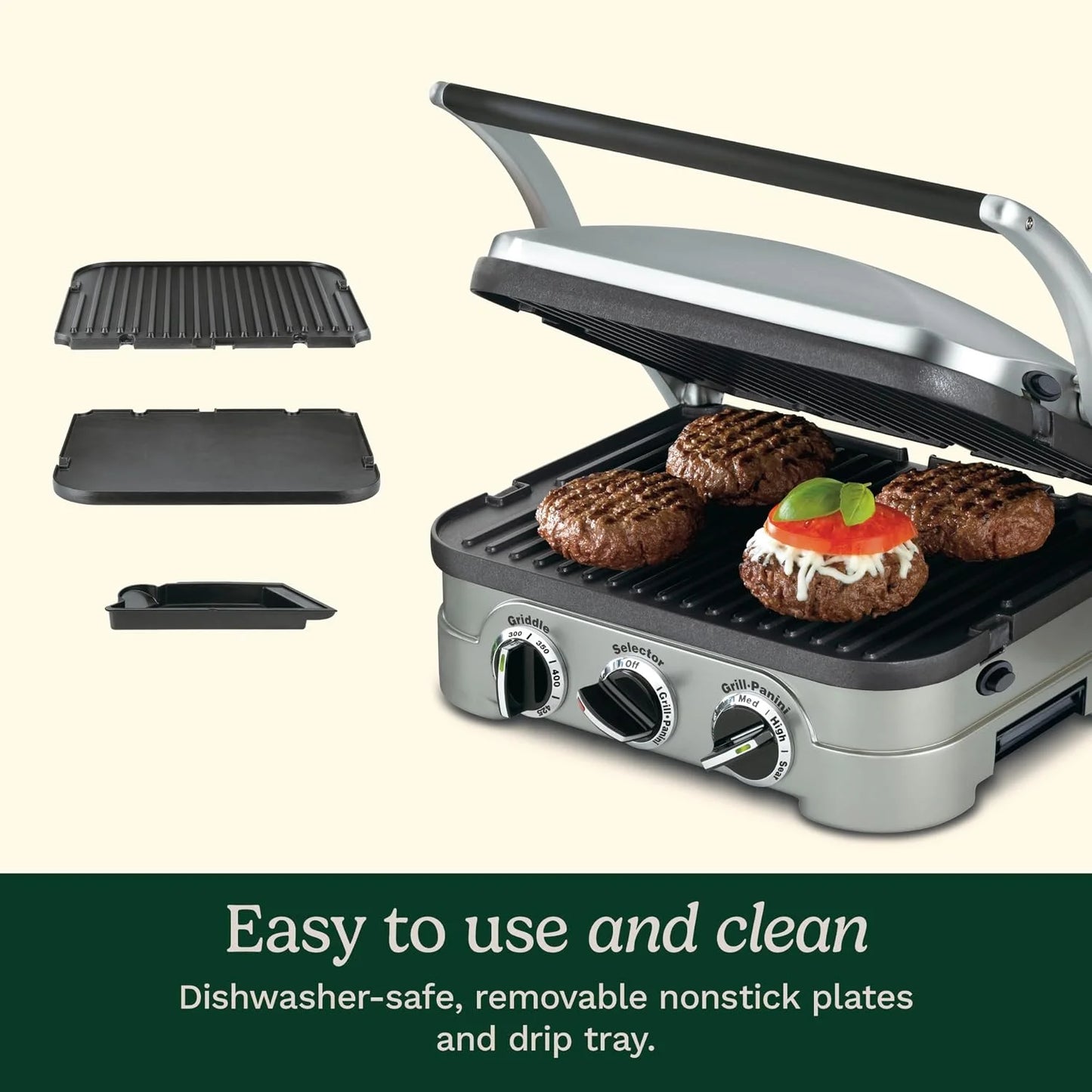 Cuisinart Griddler Indoor Grill, Panini Press, Sandwich Maker & More, 5-in-1 Grilling, Dishwasher-Safe Nonstick Cooking Plates, GR-4NP1, Stainless Steel