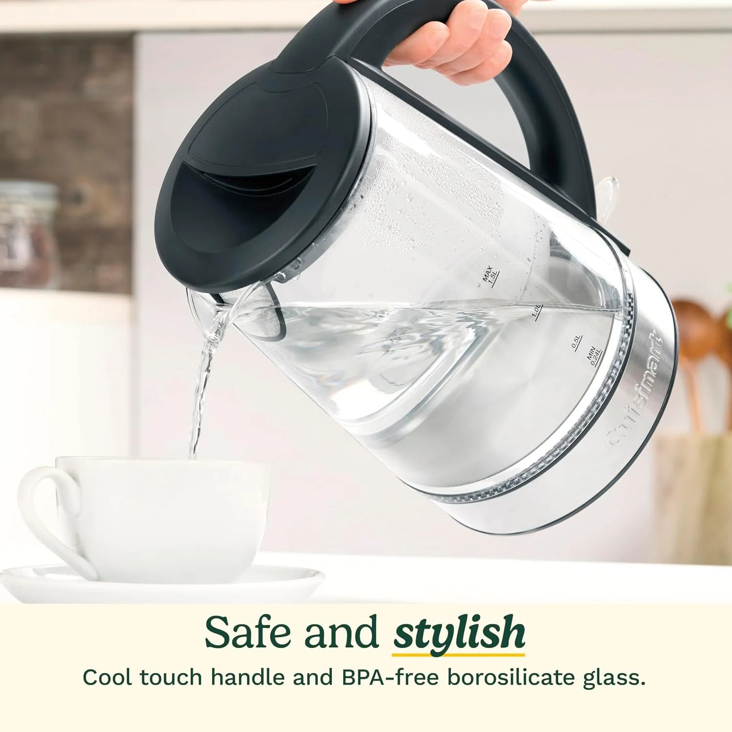 Cuisinart 1.5L Glass Kettle, Illumination, BPA-Free, Easy-Pour Nondrip Spout, Hinged Lid Opening, 1-Cup Marking, and 360-Degree Rotational Base, Auto Shut-Off