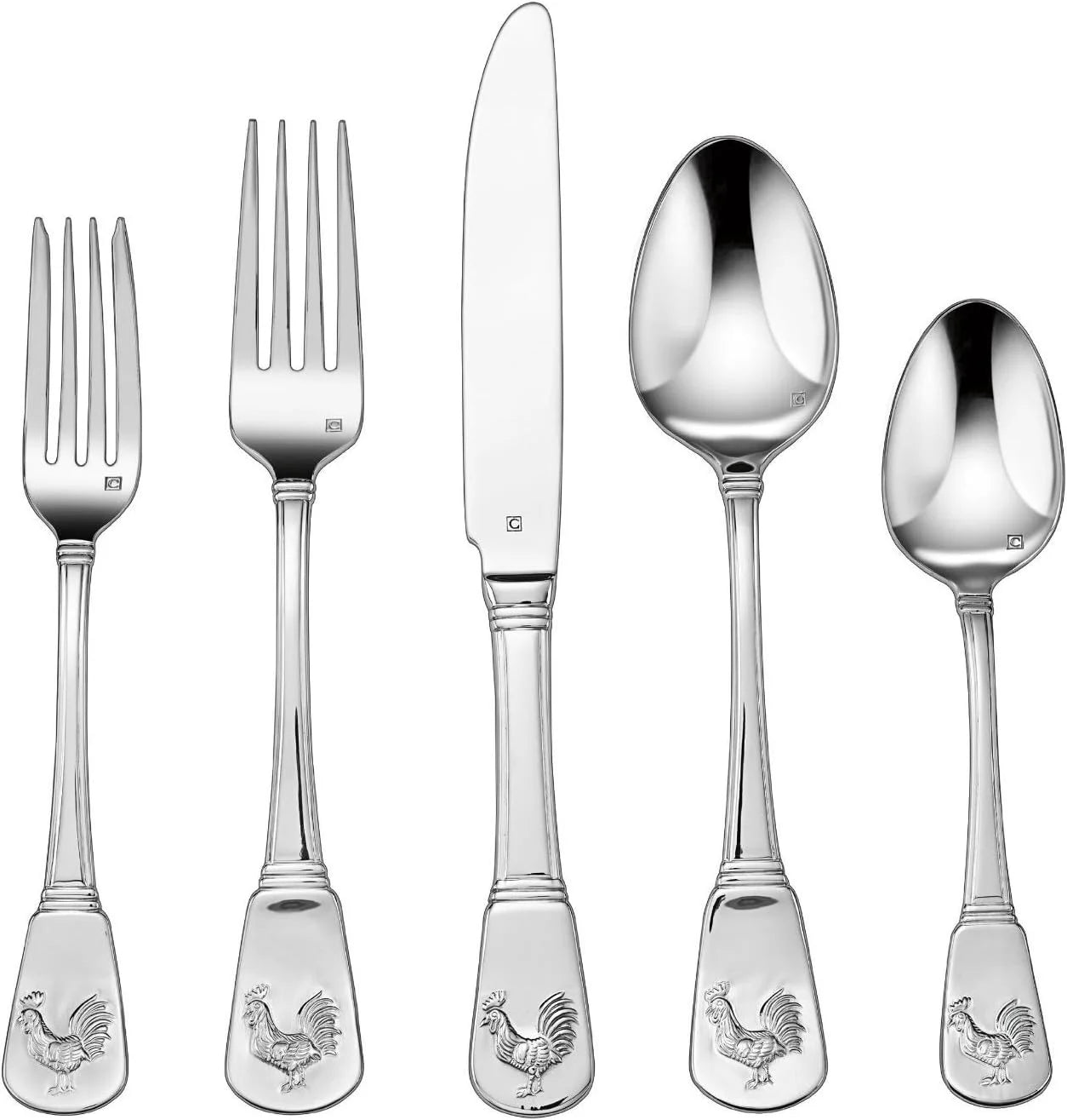 Cuisinart CFE-01-FR20 20-Piece Stainless Steel Flatware Set – French Rooster Pattern, Heavy-Gauge Handcrafted Silverware, Dishwasher Safe