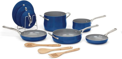 Cuisinart Ceramic Cookware Set, Nonstick 12-Piece Pots and Pans Set for Even Heat Cooking, Dishwasher Safe, Stainless Steel Handles & Easy Cleanup, Sapphire, 34C-12SP