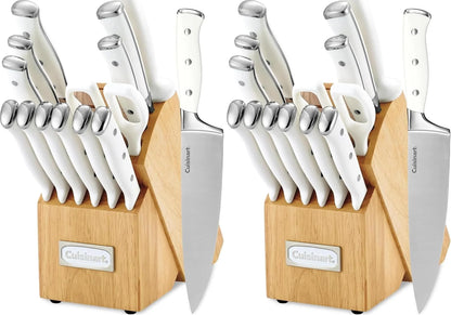 Cuisinart 15-Piece Knife Set with Block, High Carbon Stainless Steel, Forged Triple Rivet, White, C77WTR-15P (Pack of 2)