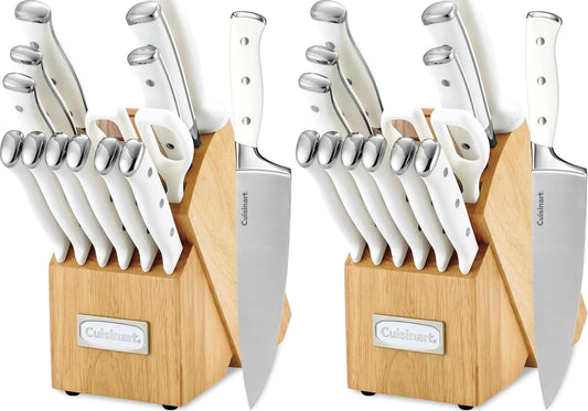 Cuisinart 15-Piece Knife Set with Block, High Carbon Stainless Steel, Forged Triple Rivet, White, C77WTR-15P (Pack of 2)