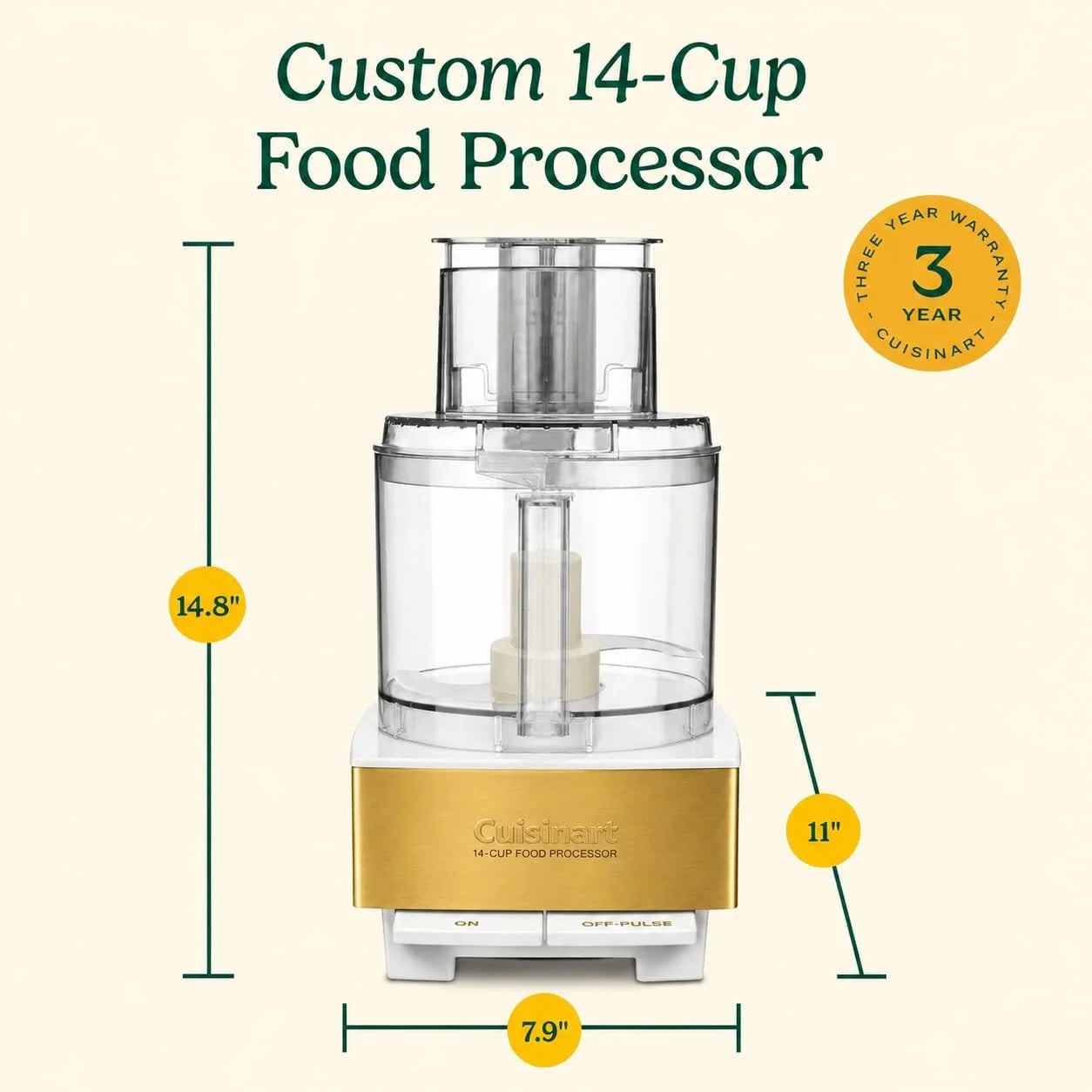 Cuisinart Food Processor 14-Cup Vegetable Chopper for Mincing, Dicing, Shredding, Puree & Kneading Dough, White/Gold Stainless Steel, DFP-14WGY