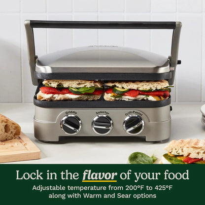 Cuisinart Griddler Indoor Grill, Panini Press, Sandwich Maker & More, 5-in-1 Grilling, Dishwasher-Safe Nonstick Cooking Plates, GR-4NP1, Stainless Steel
