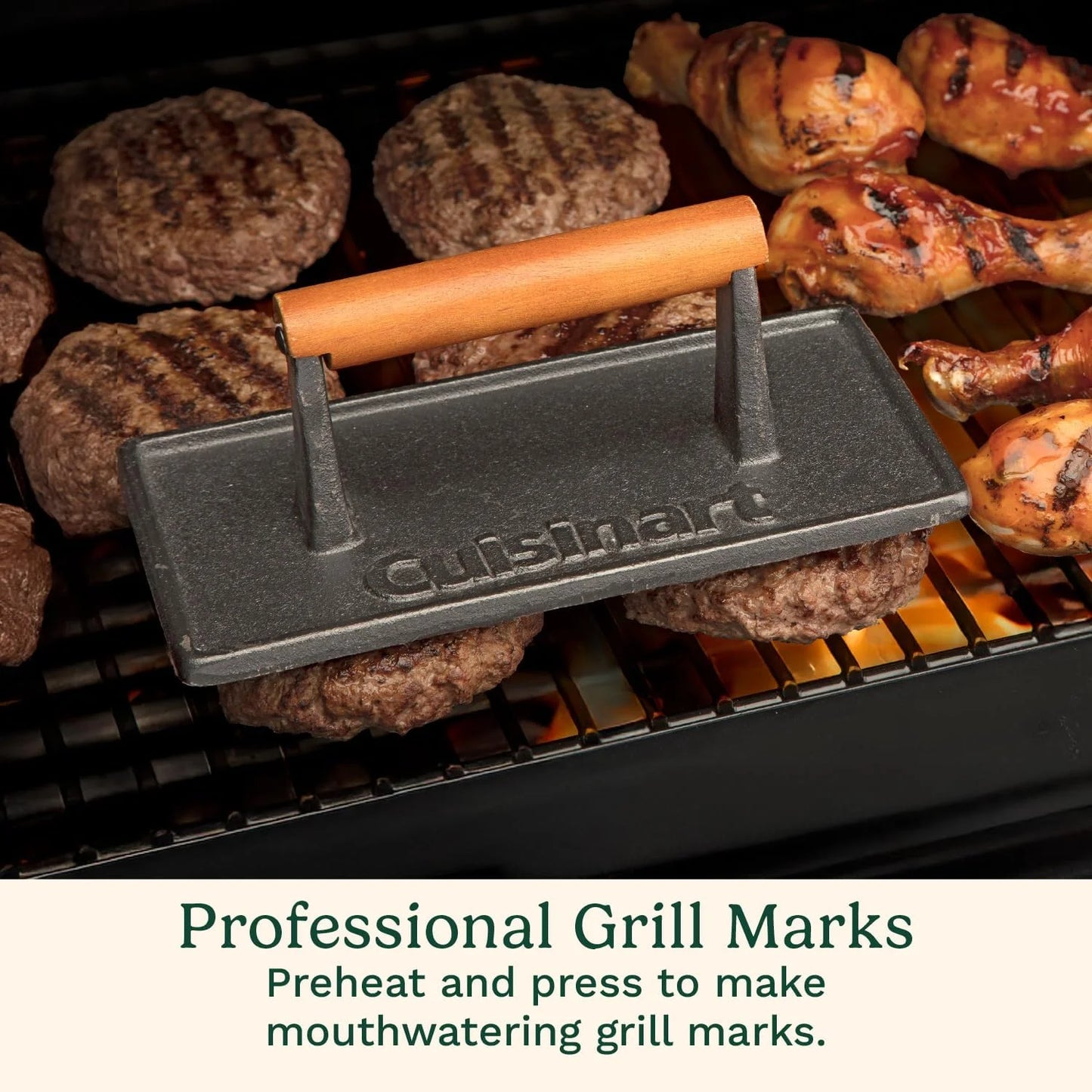Cuisinart Cast Iron Grill Press with Wooden Handle,Heavy Duty Nonstick Rectangle Burger Press with Wood Handle,Perfect Grill Accessory for Steak,Bacon,Paninis and More,(Pack of 8)
