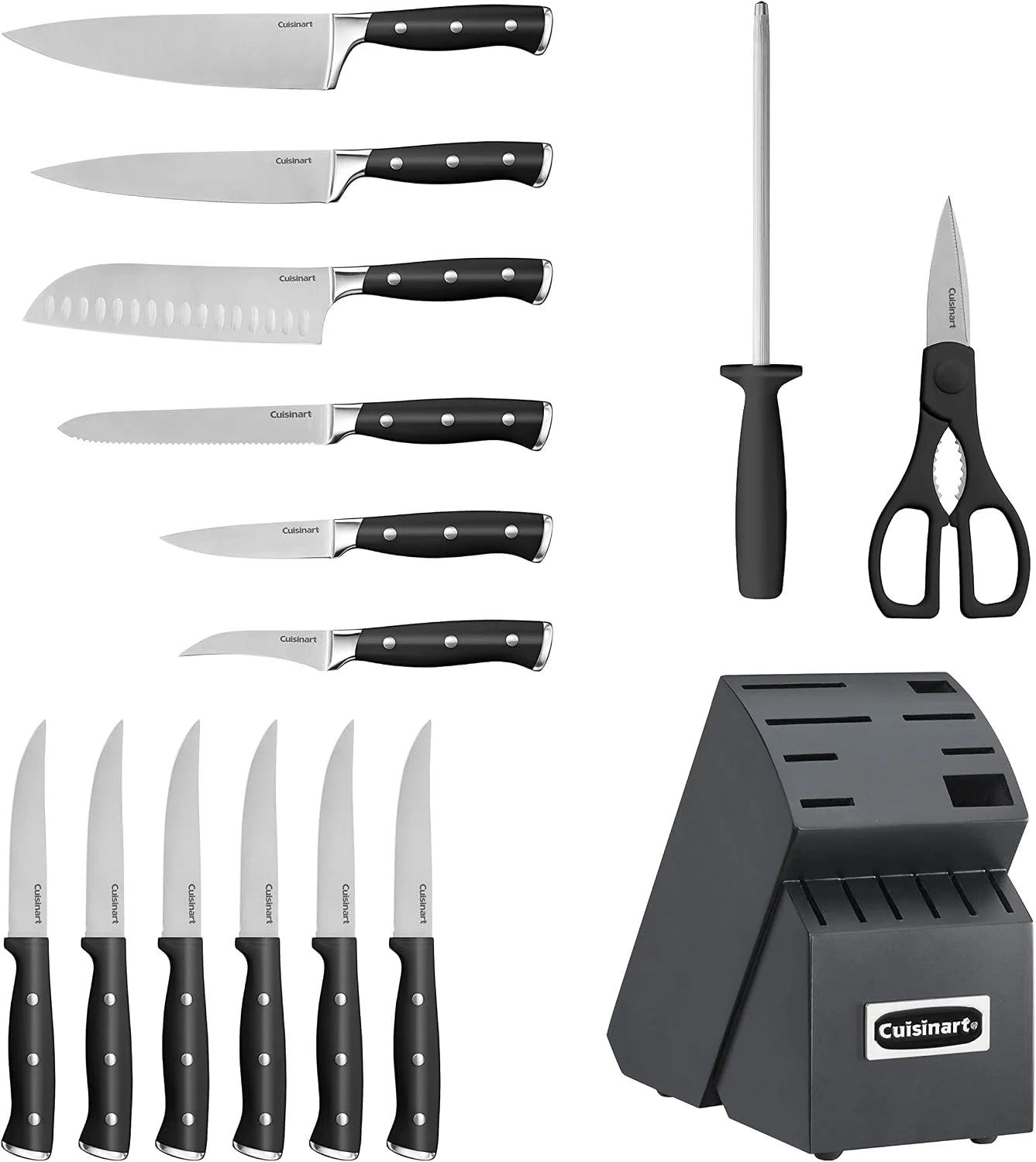 Cuisinart 15-Piece Knife Set with Block, High Carbon Stainless Steel, Forged Triple Rivet (Black/Black)
