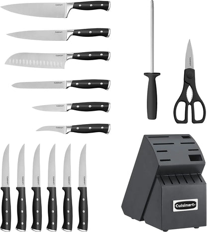 Cuisinart 15-Piece Knife Set with Block, High Carbon Stainless Steel, Forged Triple Rivet (Black/Black)