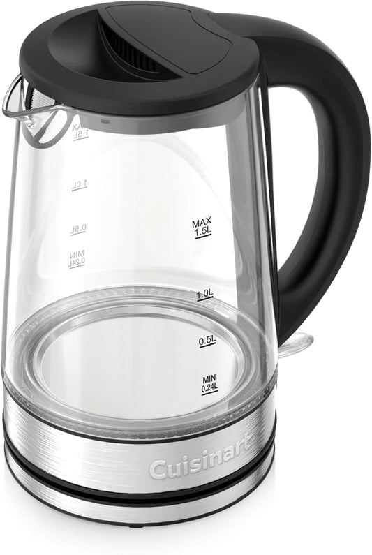 Cuisinart 1.5L Glass Kettle, Illumination, BPA-Free, Easy-Pour Nondrip Spout, Hinged Lid Opening, 1-Cup Marking, and 360-Degree Rotational Base, Auto Shut-Off
