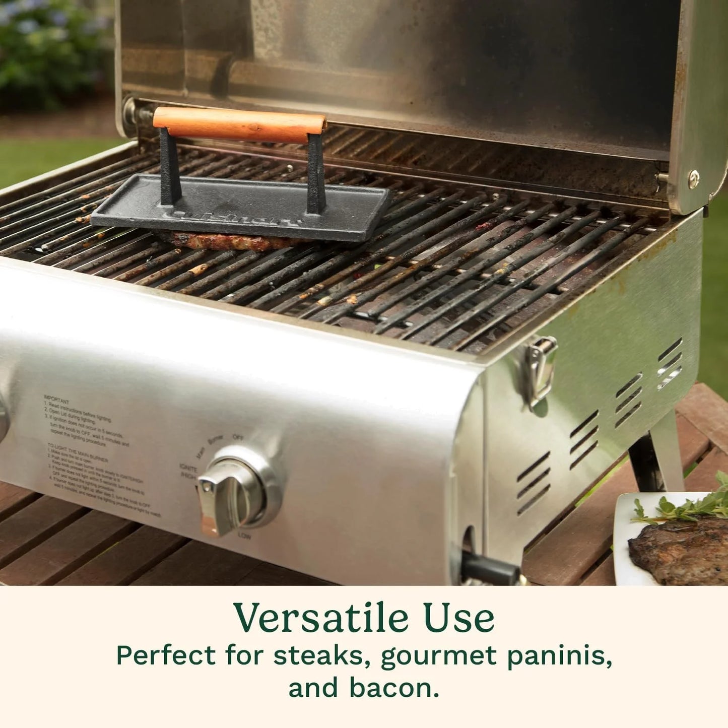 Cuisinart Cast Iron Grill Press with Wooden Handle,Heavy Duty Nonstick Rectangle Burger Press with Wood Handle,Perfect Grill Accessory for Steak,Bacon,Paninis and More,(Pack of 8)