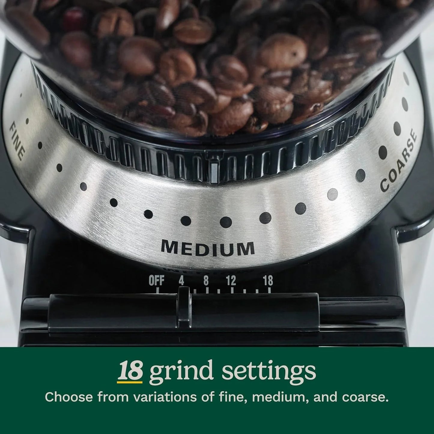 Cuisinart Coffee Grinder, Electric One-Touch Automatic Burr Coffee Grinder with 18-Position Grind Selector, Cup Size Selector for 4 – 18 Cups, White Stainless Steel