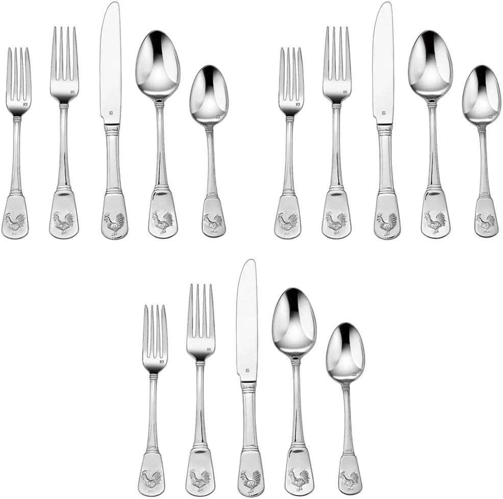 Cuisinart CFE-01-FR20 60-Piece Stainless Steel Flatware Set – French Rooster Pattern, Heavy-Gauge Handcrafted Silverware, Dishwasher Safe