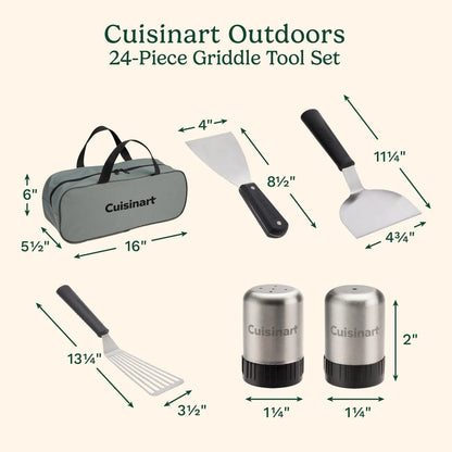 Cuisinart 24-Piece Griddle Tool Set with Storage Tote, Stainless Steel Flat Top Grill Accessories with Spatulas, Melting Dome, Smash Burger Press, Scraper & Tongs, Perfect for BBQ, Tailgates, Camping
