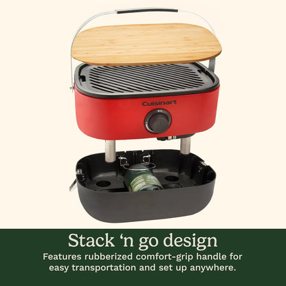 Cuisinart Venture™ Portable Gas Grill, Small Camping Grill with Cutting Board and Handle, Non Stick Porcelain Enameled Cast Iron Grate, 9,000 BTU Stainless Steel Burner for Camping, Tailgates, Beaches