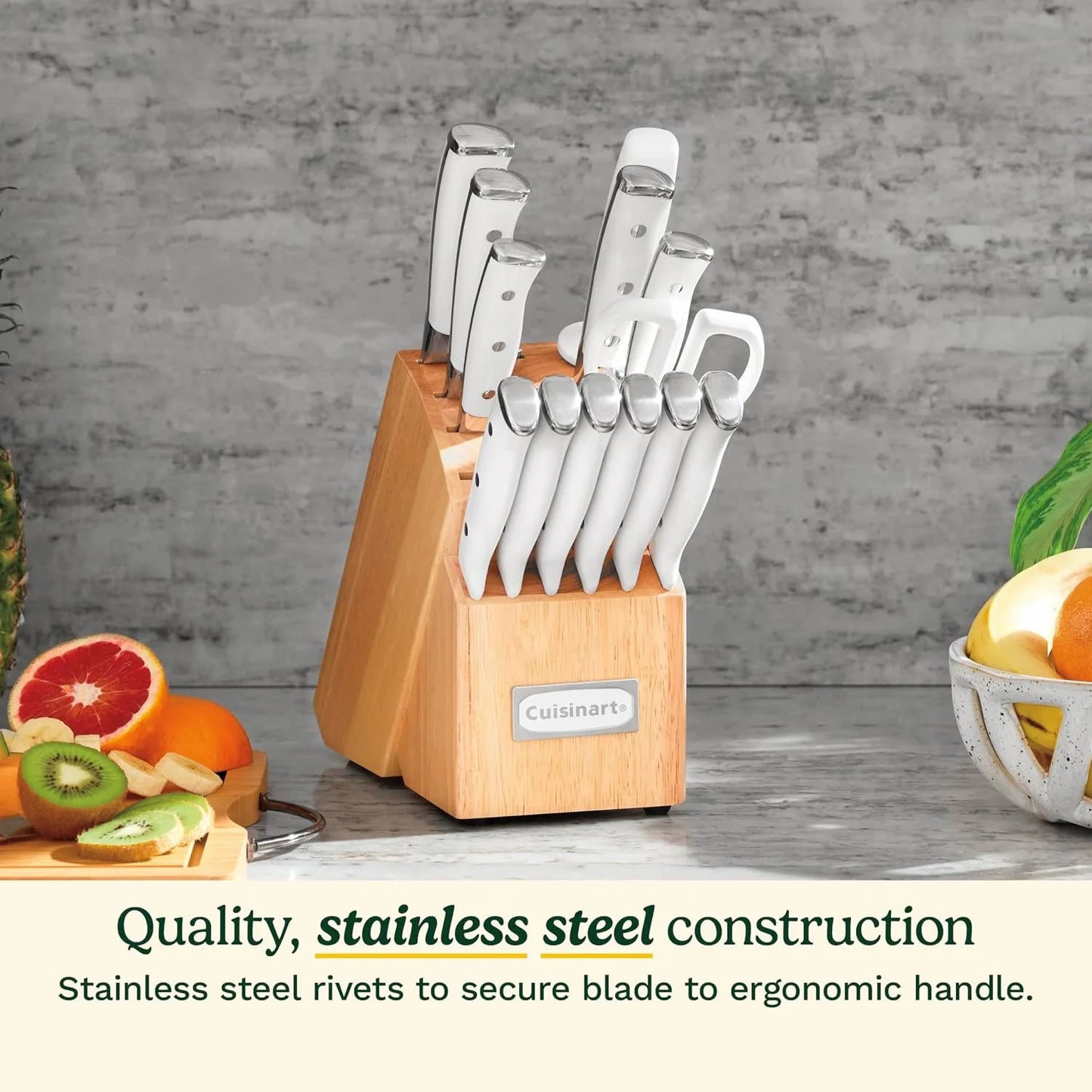 Cuisinart 15-Piece Knife Set with Block, High Carbon Stainless Steel, Forged Triple Rivet, White, C77WTR-15P (Pack of 2)