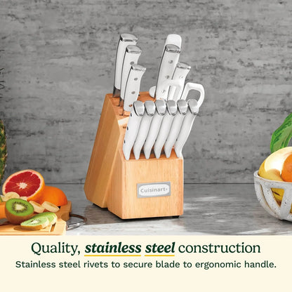 Cuisinart 15-Piece Knife Set with Block, High Carbon Stainless Steel, Forged Triple Rivet, White, C77WTR-15P (Pack of 2)