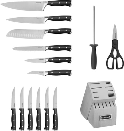 Cuisinart Classic Forged Triple Rivet, 15-Piece Knife Set with Block, Superior High-Carbon Stainless Steel Blades for Precision and Accuracy (Black/Gray)