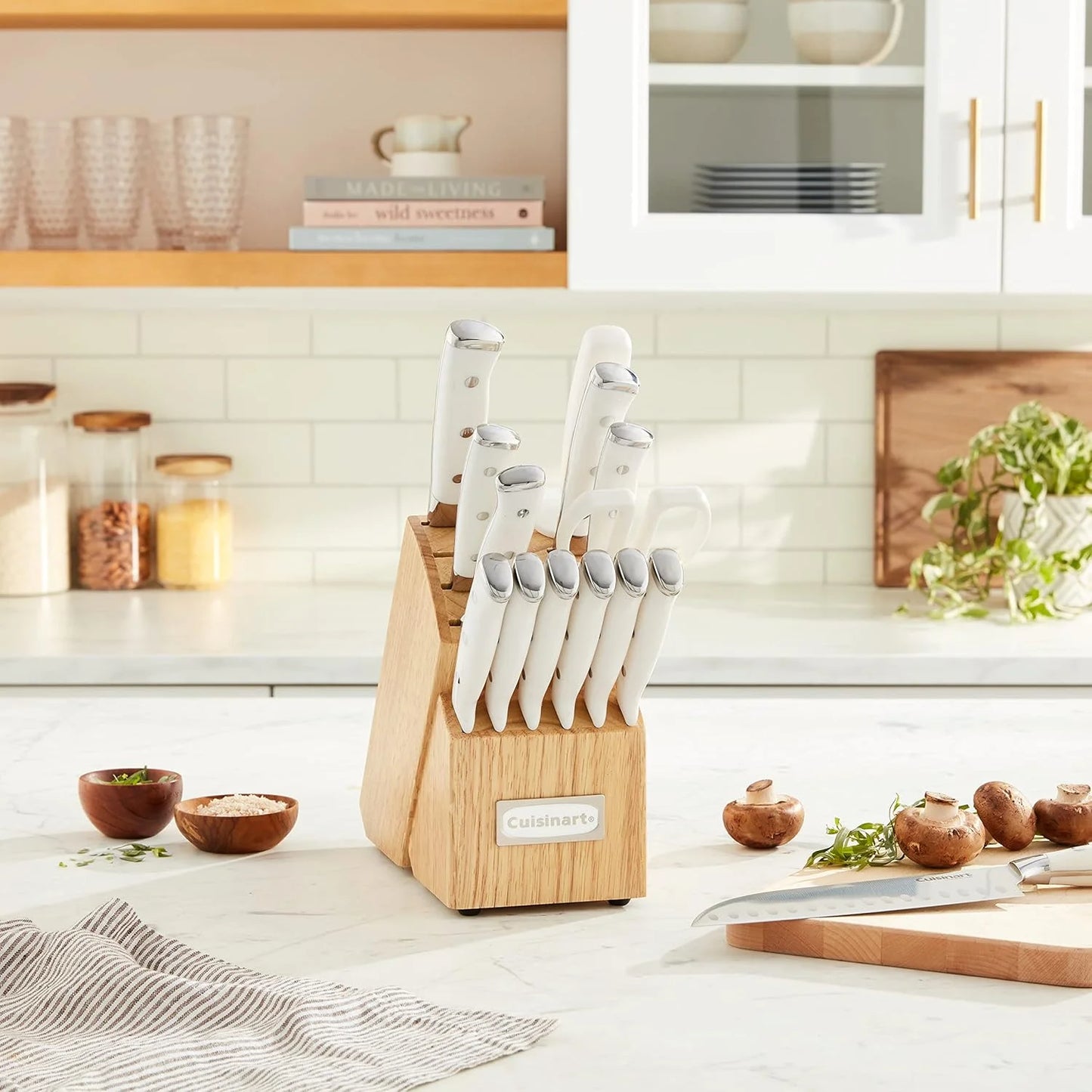 Cuisinart 15-Piece Knife Set with Block, High Carbon Stainless Steel, Forged Triple Rivet, White, C77WTR-15P (Pack of 2)