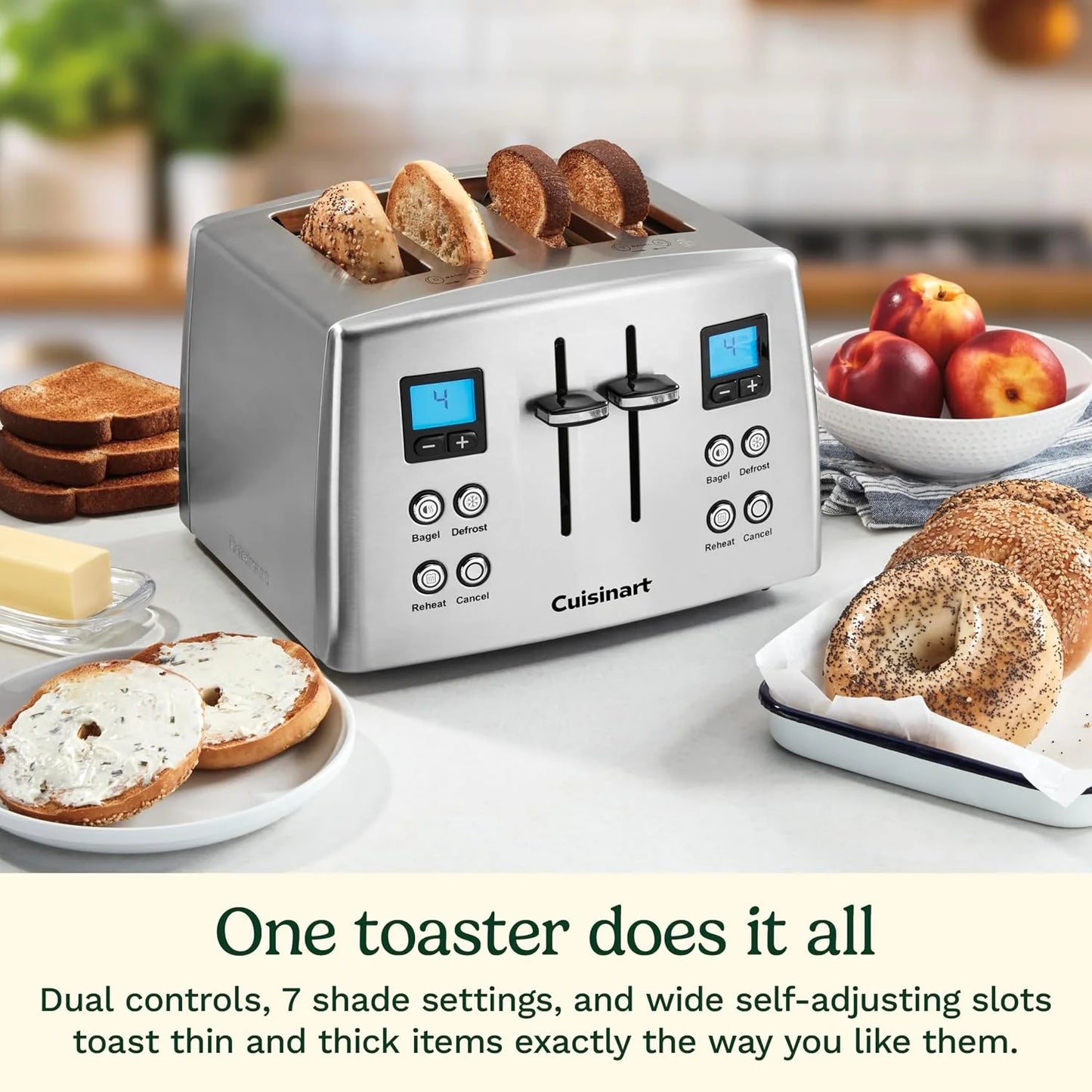 Cuisinart 4 Slice Countdown Motorized Toaster, Compact Design with Extra-Wide Slots for Toasting, Defrost & Reheat Functions, CPT-435P1, Stainless Steel