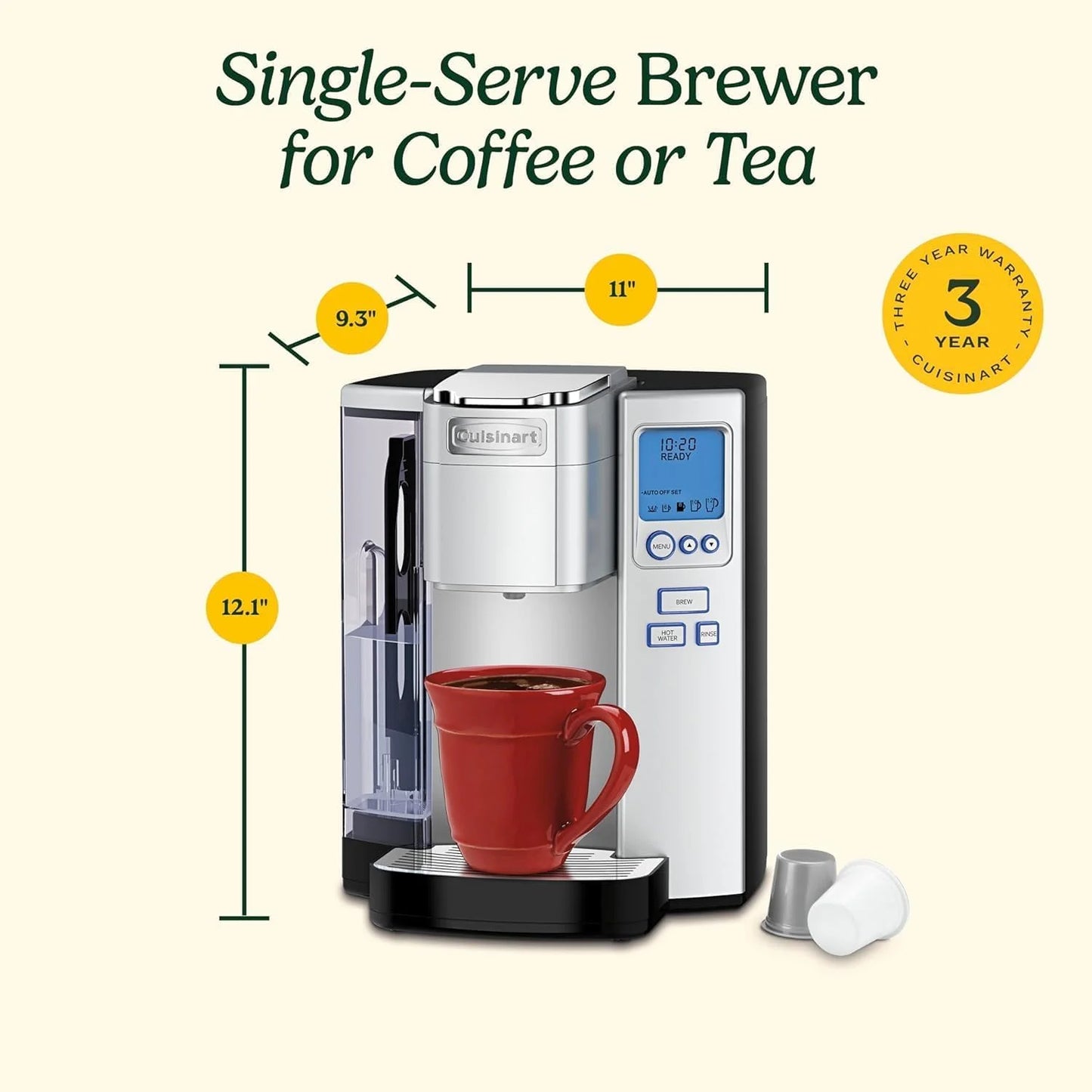 Cuisinart Coffee Maker, Single Serve 72-Ounce Reservoir Coffee Machine, Programmable Brewing & Hot Water Dispenser, Stainless Steel, Cool Grey