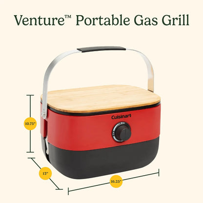 Cuisinart Venture™ Portable Gas Grill, Small Camping Grill with Cutting Board and Handle, Non Stick Porcelain Enameled Cast Iron Grate, 9,000 BTU Stainless Steel Burner for Camping, Tailgates, Beaches
