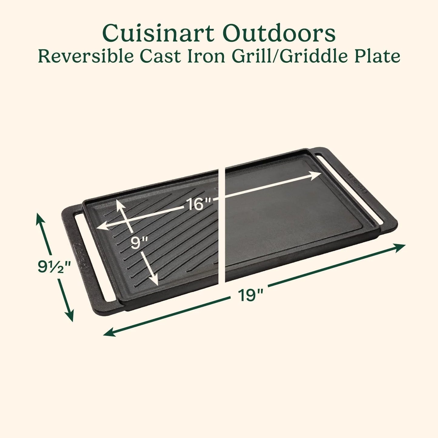 Cuisinart Reversible Cast Iron Grill/Griddle Plate, 15.75” x 9” Pre-Seasoned Cooking Surface with Flat and Ribbed Sides, Stovetop Griddle for Electric Ranges, Use on Stove, Campfire, or Gas Grill