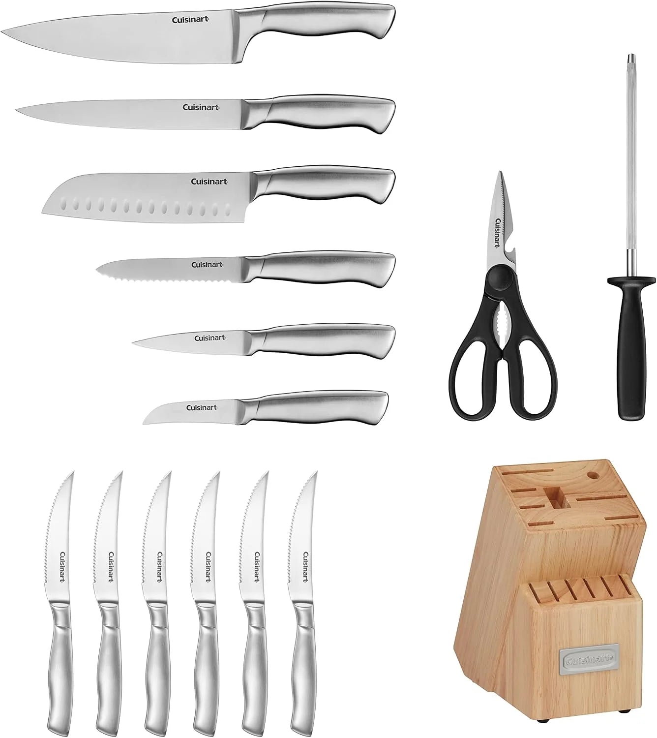 Cuisinart Professional Block Knife Set 15pc Cutlery Knife Set with Steel Blades for Precise Cutting, Lightweight, Stainless Steel Durable& Dishwasher Safe, Natural Woodgrain Finish