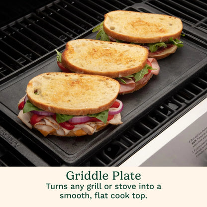 Cuisinart Reversible Cast Iron Grill/Griddle Plate, 15.75” x 9” Pre-Seasoned Cooking Surface with Flat and Ribbed Sides, Stovetop Griddle for Electric Ranges, Use on Stove, Campfire, or Gas Grill