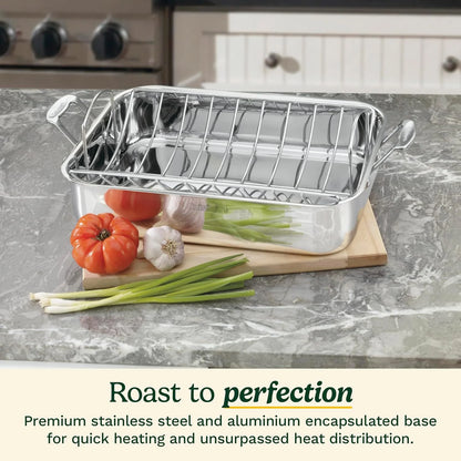 Cuisinart 16-Inch Roasting Pan, Induction Compatible Premium Rectangular Roaster Pan With Rack, Stainless Steel Roasting Pan with Rack, Large Capacity, Dishwasher Safe