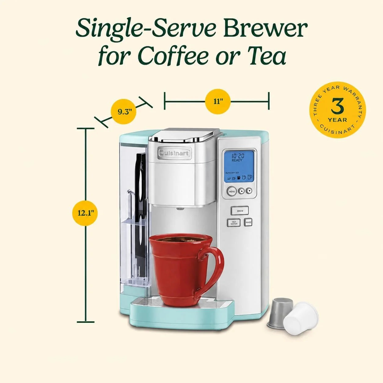Cuisinart Coffee Maker, Single Serve 72-Ounce Reservoir Coffee Machine, Programmable Brewing & Hot Water Dispenser, Stainless Steel, Robins Egg Blue