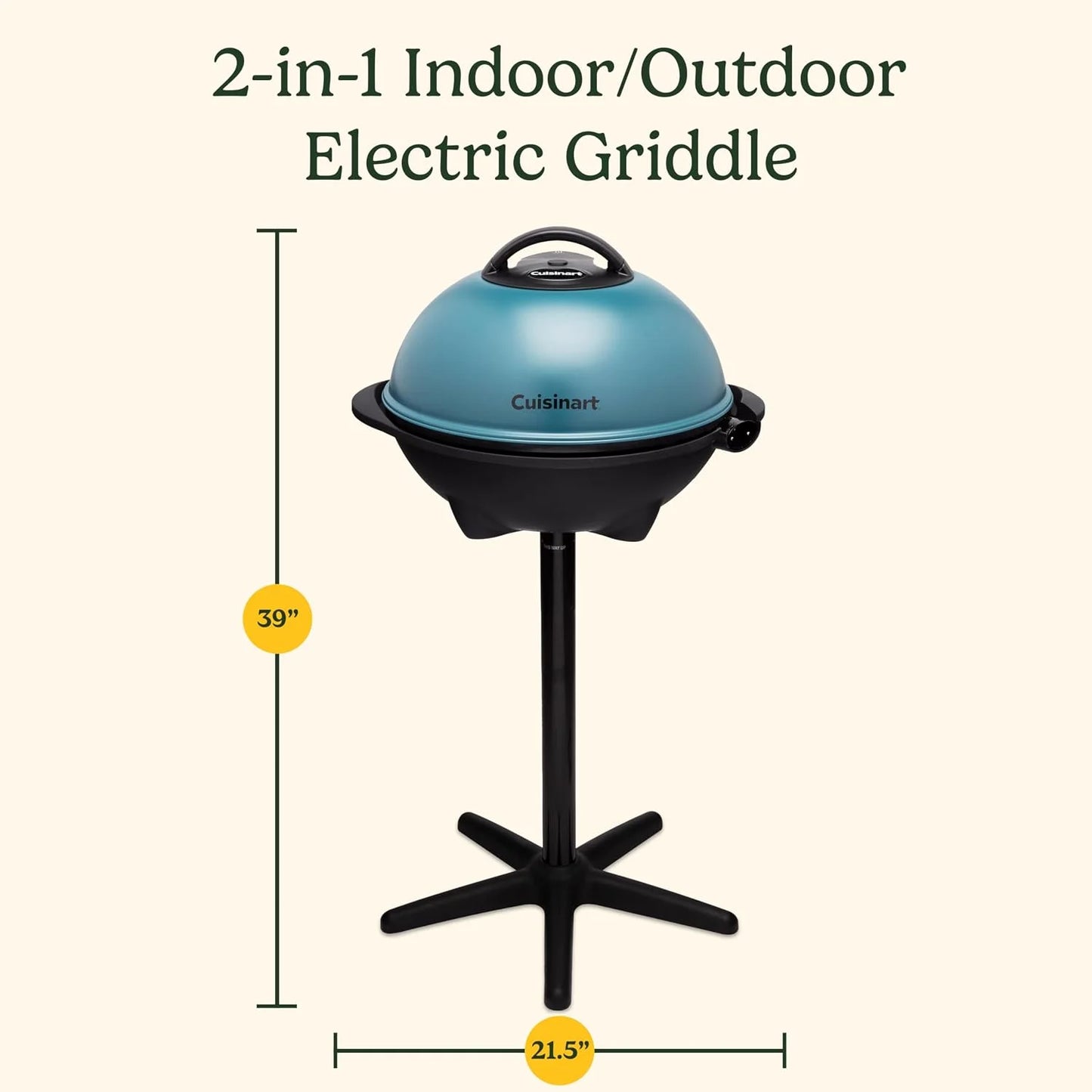 Cuisinart Indoor/Outdoor Electric Griddle, 2-in-1 Portable BBQ with Flat Top Nonstick Cooking Surface, Adjustable Heat, Stand/Tabletop Options for Cookouts, Barbecues & Small Spaces, No Tools Needed
